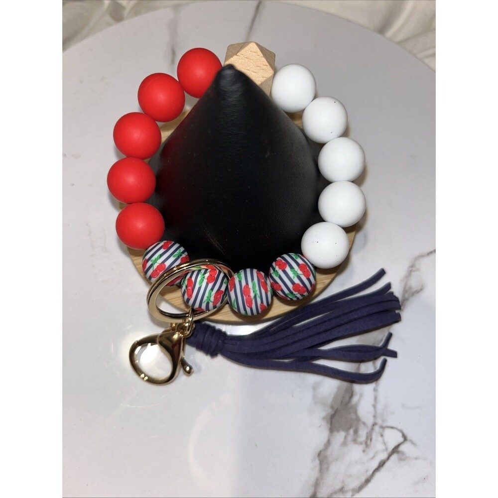 Silicone Beaded Wristlet Keychain Bracelet Tassel Key Ring Holder